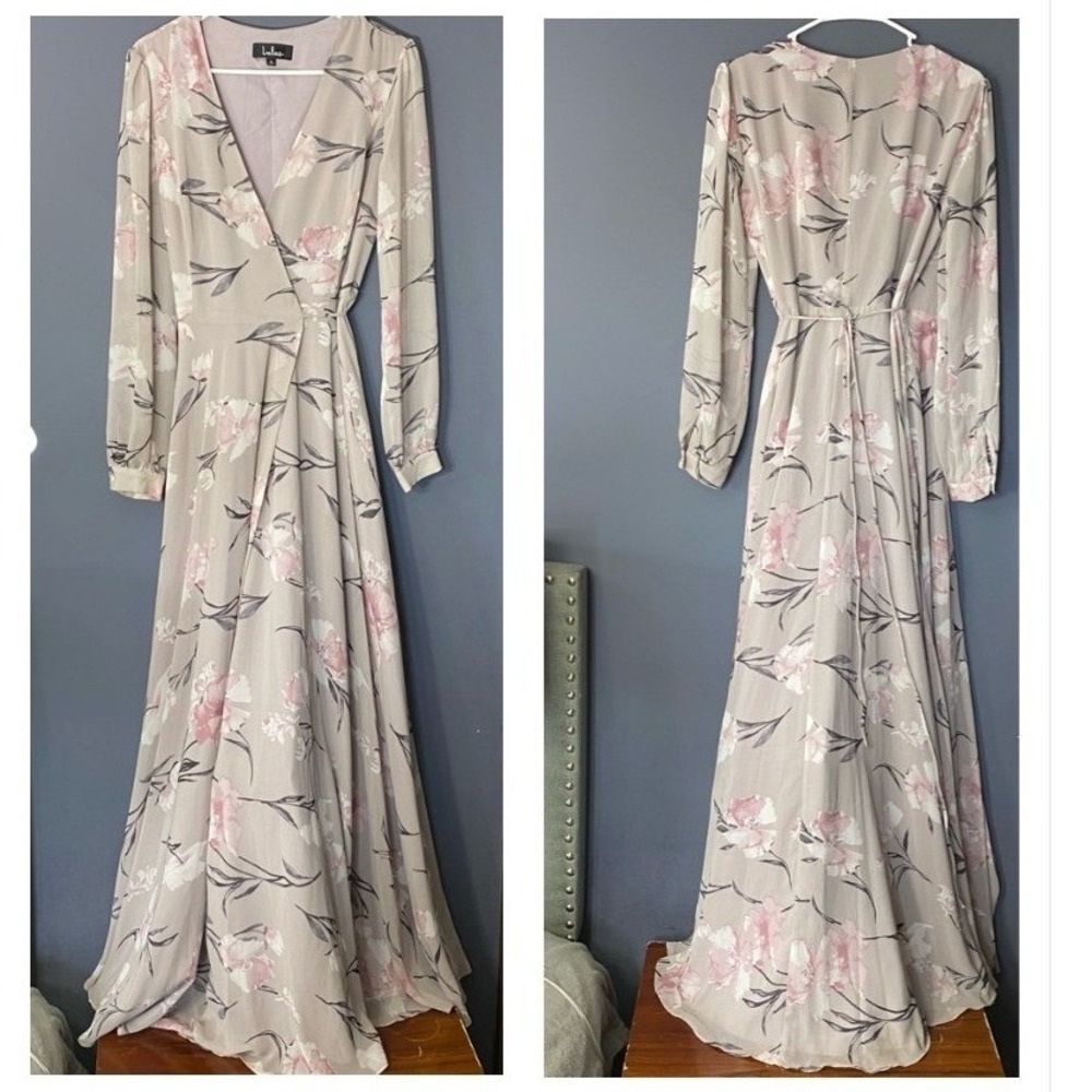 Lulus Maxi Dress Womens S Loving You Dusty Taupe Pink/Purple Floral Wrap Maxi